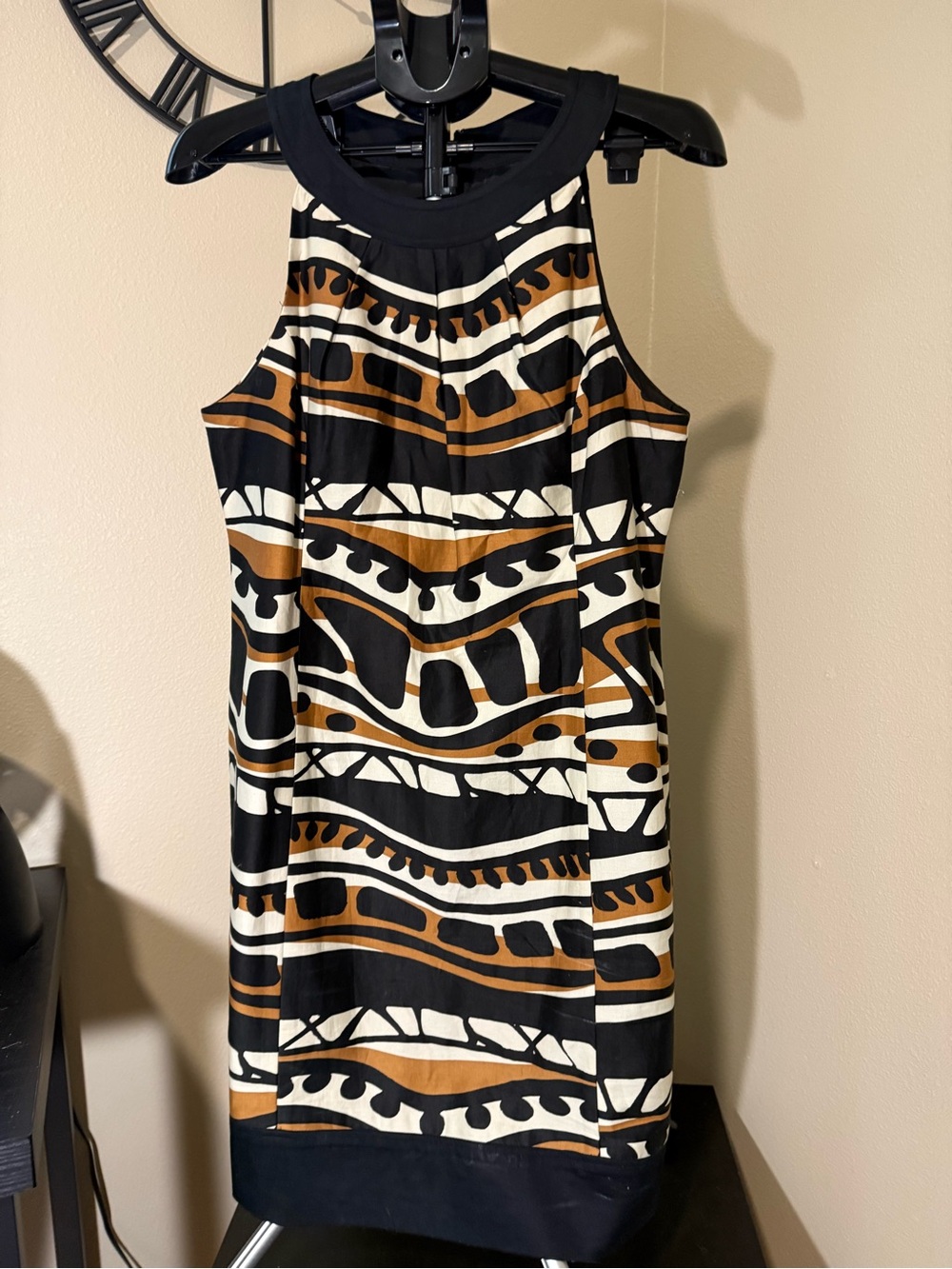 Jones New York Black, White & Brown Patterned Halter Shift Dress